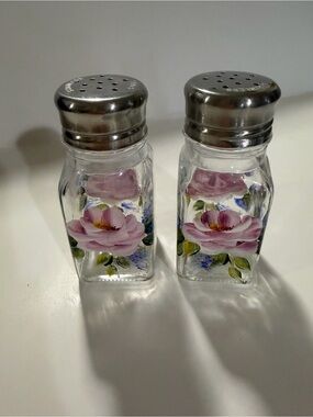 Decorative Pink Floral Glass Salt and Pepper Shakers with Silver Tops